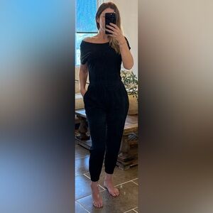 Black Short Sleeve Jumpsuit | Medium | Drawstring Waist | Pockets | Minimal Chic